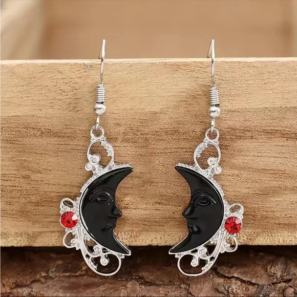 Hollow Synthetic Gemstone Black Moon Inlaid Red Rhinestone Drop Earrings Faux Fa - Picture 4 of 9